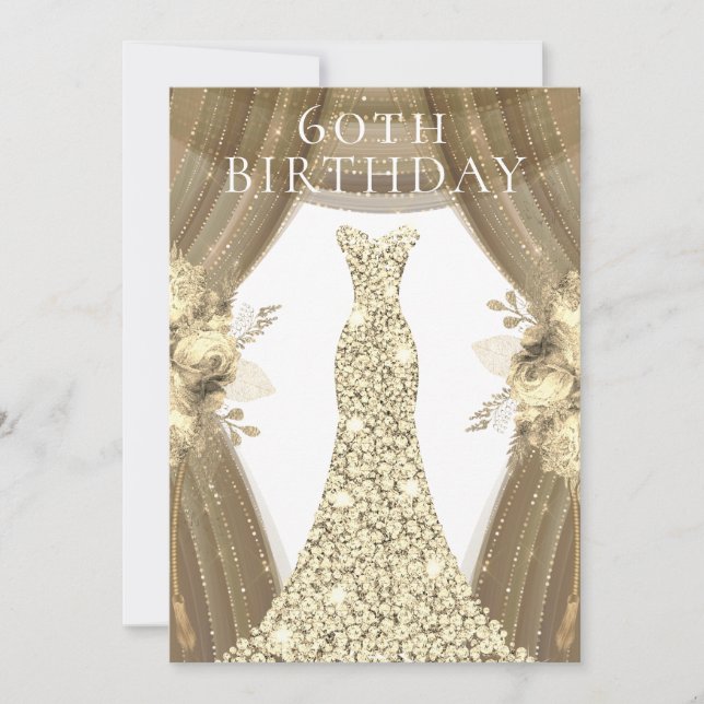 Invitation Robe d'or Fleurs Élégante 60e fête d'anniversaire (Devant)
