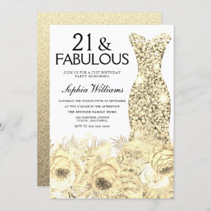 Invitation Robe d'or Floral 21 & Fabuleux 21e anniversaire