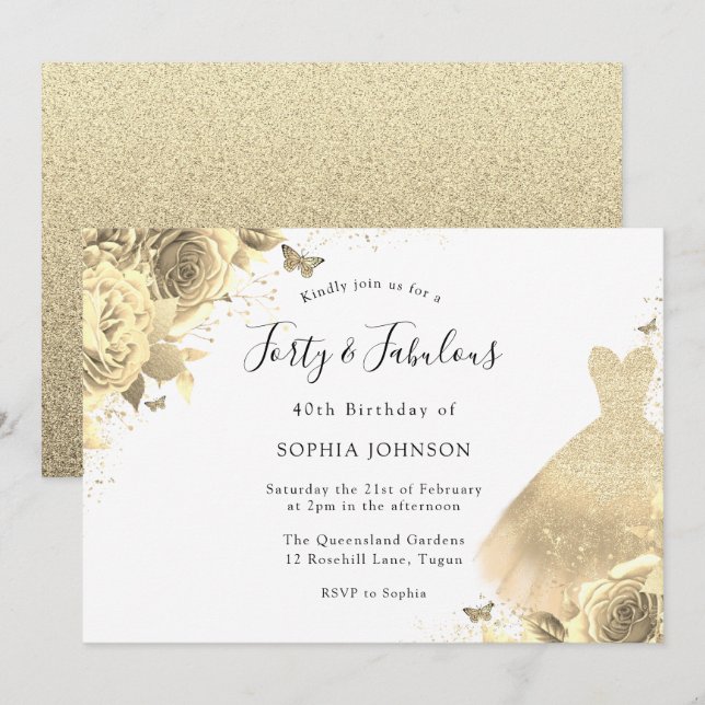 Invitation Robe d'or Floral 40e Anniversaire Forty & Fabulous (Devant / Derrière)
