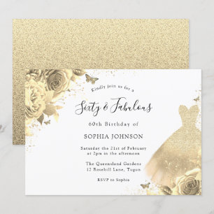 Invitation Robe d'or Floral 60e anniversaire Soixante et fabu