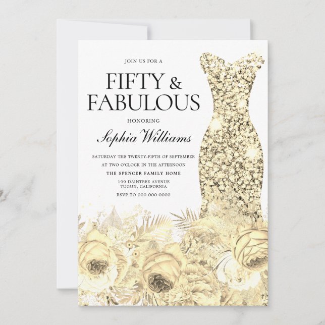 Invitation Robe d'or Floral Cinquante et fabuleux 50e anniver (Devant)
