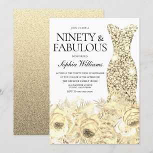 Invitation Robe d'or Floral Ninety et fabuleux 90e anniversai