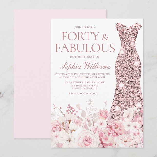 Invitation Robe d'or florale et Rose 40e fête d'anniversaire (Devant / Derrière)