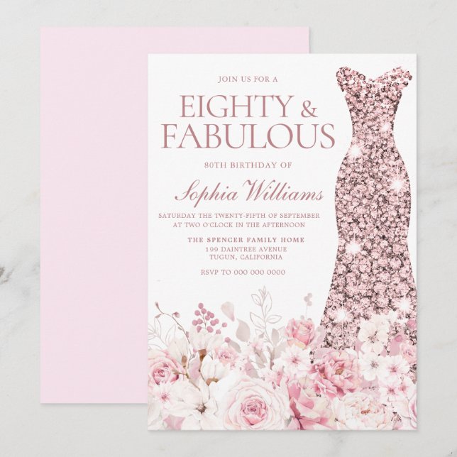 Invitation Robe d'or flush et Rose 80e fête d'anniversaire (Devant / Derrière)