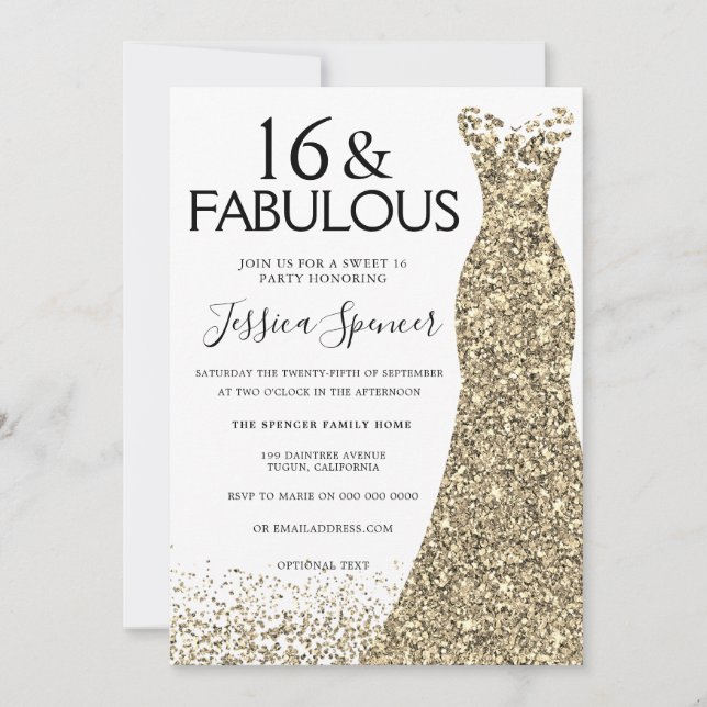 Invitation Robe d'or Parties scintillant douce 16 fête 16e an (Devant)