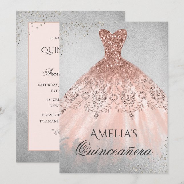 Invitation Robe d'or rose Argent Éperche Quinceanera Invitati (Devant / Derrière)
