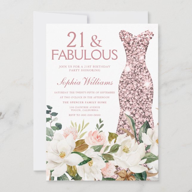 Invitation Robe d'or rose Blush Blanc 21e fête d'anniversaire (Devant)