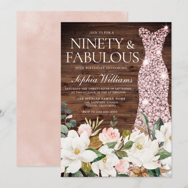 Invitation Robe d'or rose Blush Blanc Rustique 90e anniversai (Devant / Derrière)