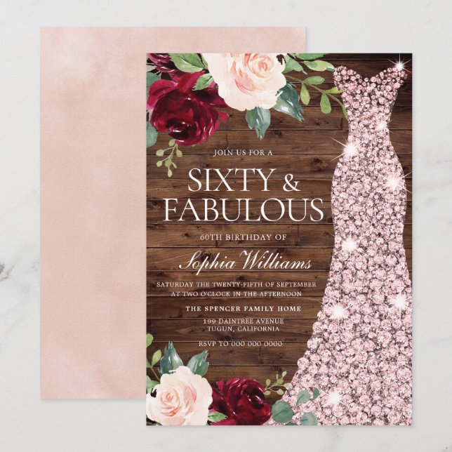 Invitation Robe d'or rose Blush Rustic 60e fête d'anniversair (Devant / Derrière)