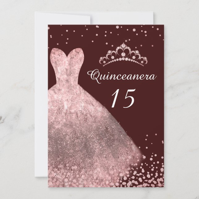 Invitation Robe d'or rose Bourgogne Quinceanera Party 15e (Devant)