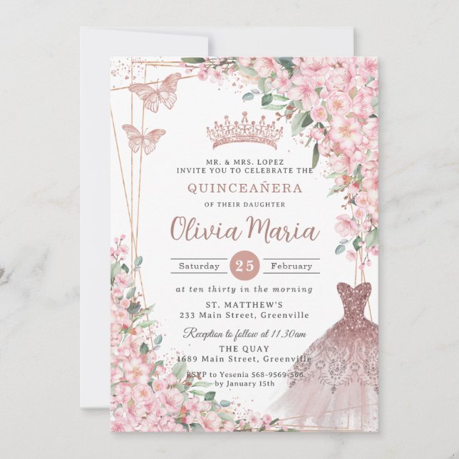 Invitation Robe d'or Rose en fleurs de cerisier Gown Quinceañ (Devant)