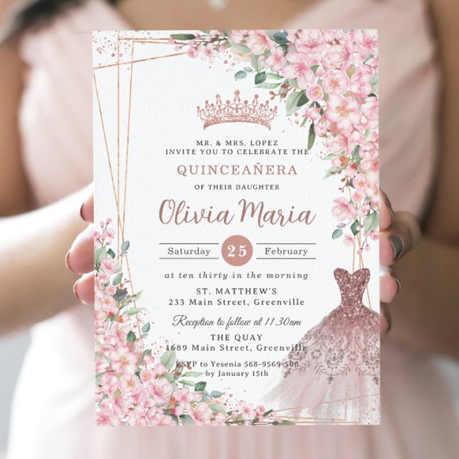 Invitation Robe d'or Rose en fleurs de cerisier Gown Quinceañ (Créateur téléchargé)