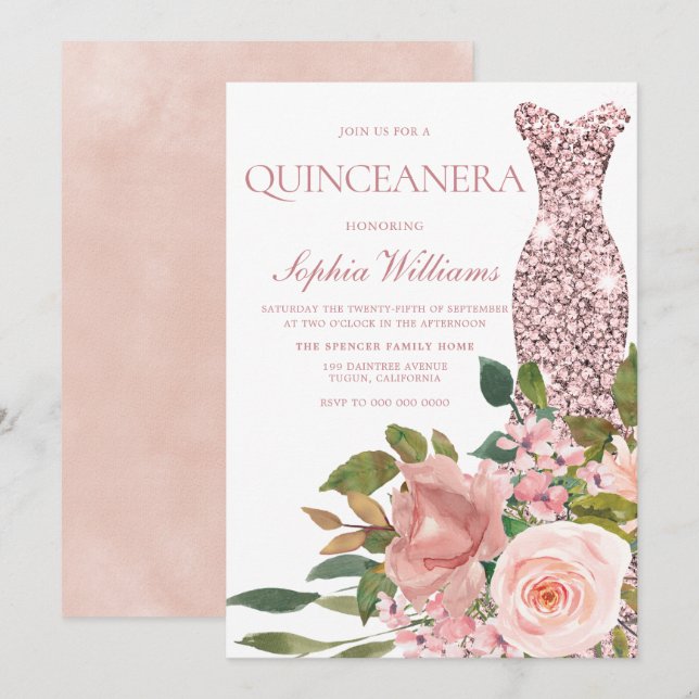 Invitation Robe d'or rose & Fleurs roses blanches Quinceanera (Devant / Derrière)