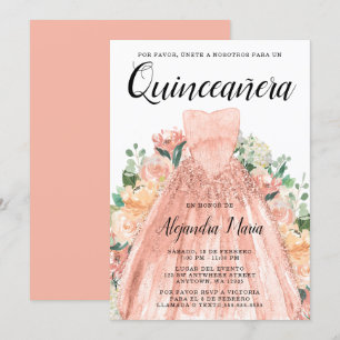 Invitation Robe d'or rose Floral Quinceanera espagnol