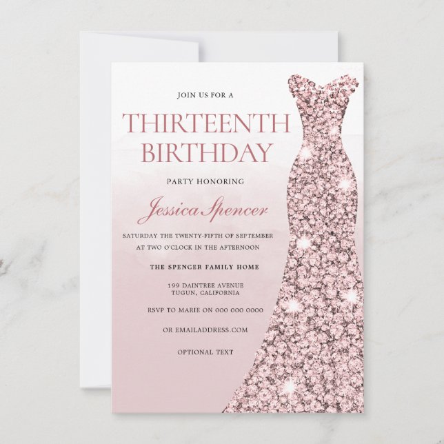 Invitation Robe d'or rose Roses Filles 13e anniversaire (Devant)