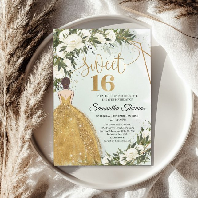 Invitation Robe d'or roses blanches verdure olivier feuillage (Gold dress white roses greenery olive foliage invitation)