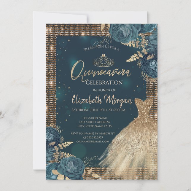 Invitation Robe d'or, Roses, Tiara, Diamonds Green Quinceañer (Devant)