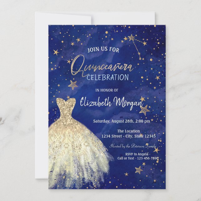 Invitation Robe d'or Stars Galaxy Quinceañera (Devant)
