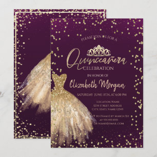Invitation Robe d'or Tiara, Diamonds Violet Quinceañera
