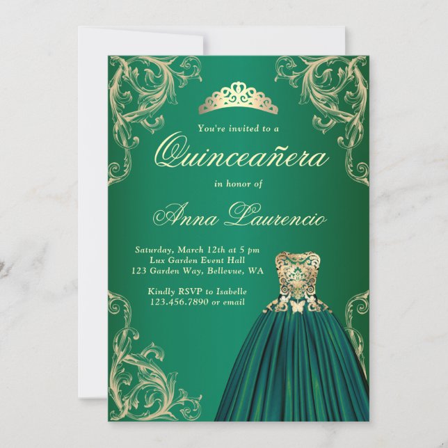 Invitation Robe d'or vert émeraude Quinceanera décorative (Devant)