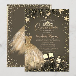 Invitation Robe dorée,Branches,Diamants Étoiles Quinceañera