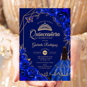 Invitation Robe dorée et bleu royal pour Quinceanera Floral