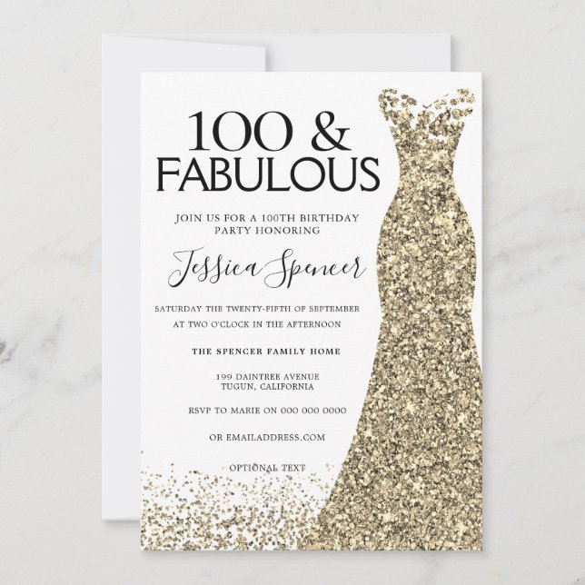 Invitation Robe dorée femmes 100e fête d'anniversaire (Devant)