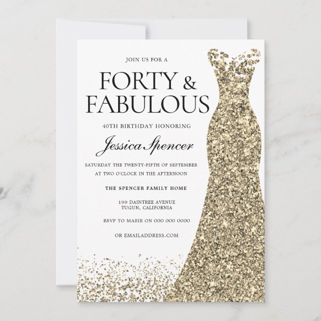 Invitation Robe dorée femmes 40e fête d'anniversaire (Devant)