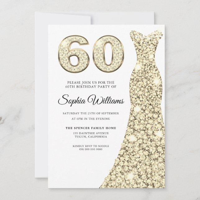 Invitation Robe dorée femmes 60e fête d'anniversaire (Devant)
