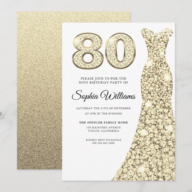 Invitation Robe dorée femmes 80e fête d'anniversaire (Devant / Derrière)