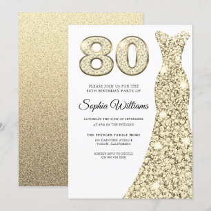 Invitation Robe dorée femmes 80e fête d'anniversaire