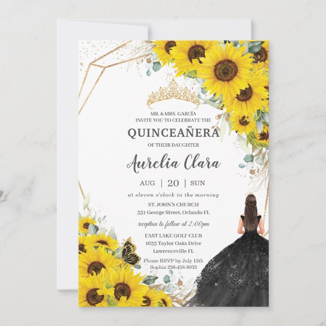 Invitation Robe dorée florale de Tournesol Quinceañera (Devant)
