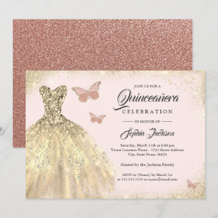 Invitation Robe dorée papillon rose doré Quinceanera 