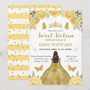 Invitation Robe dorée Peau foncée Princesse Sweet 16