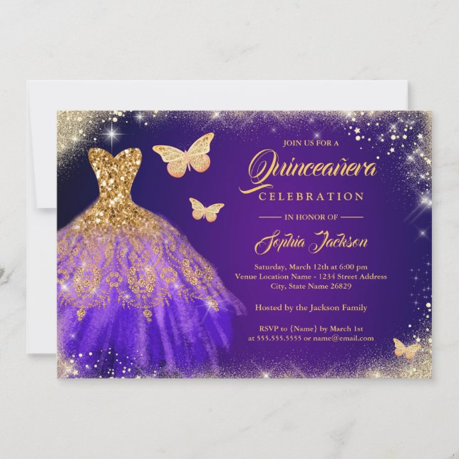 Invitation Robe dorée pourpre mousseuse Quinceanera (Devant)