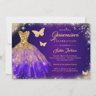 Invitation Robe dorée pourpre mousseuse Quinceanera