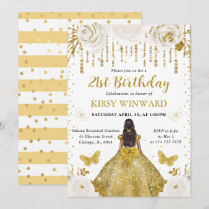 Invitation Robe dorée Princesse à peau foncée Anniversaire