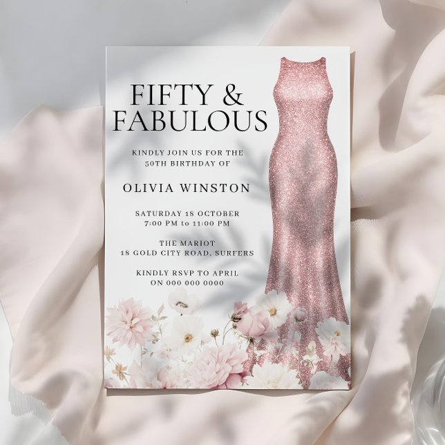 Invitation Robe dorée Rose étincelante Blush Floral 50e anniv (Créateur téléchargé)