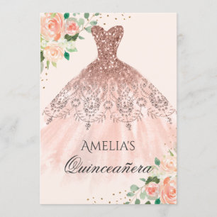 Invitation Robe dorée rose florale scintillante Quinceanera