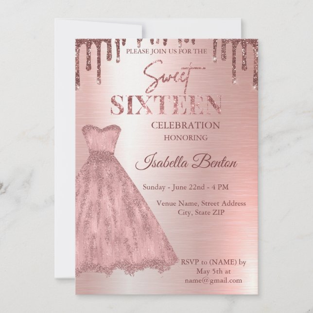 Invitation Robe dorée Rose moderne Parties scintillant douce  (Devant)