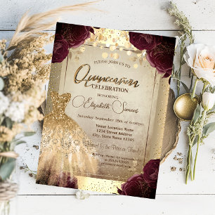 Invitation Robe dorée Roses bordeaux Confettis Quinceañera