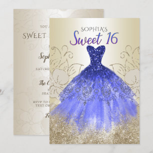 Invitation Robe dorée Royal Bleue Étincelle Douce 16