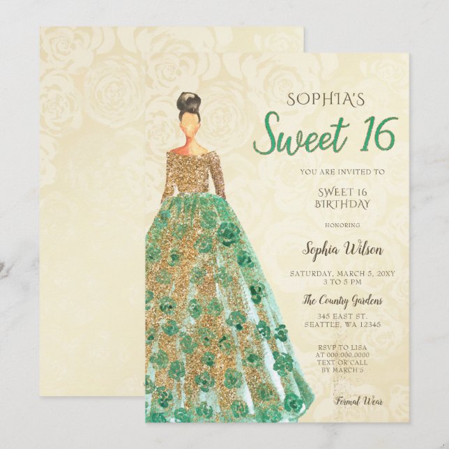 Invitation Robe dorée verte étincelante Douce 16 ans (Devant / Derrière)