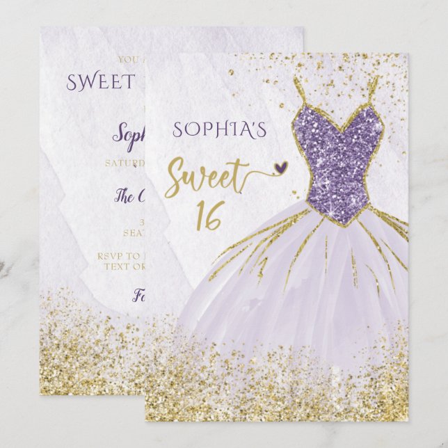 Invitation Robe dorée violet étincelante Douce 16 anniversair (Devant / Derrière)
