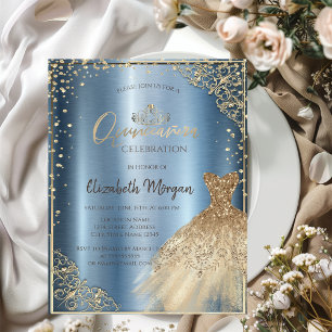 Invitation  Robe doréeTiara,Diamants Fond bleu Quinceañera