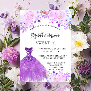 Invitation Robe douce 16 fleurs violettes roses