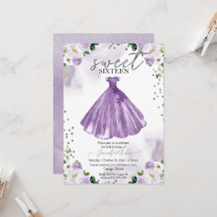 Invitation Robe Douce 16 Purple Aquarelle Fleurs