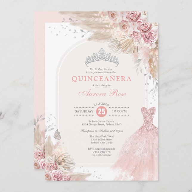 Invitation Robe Dusty Rose Argent Boho Fleur Quinceañera (Devant / Derrière)