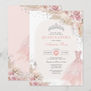 Invitation Robe Dusty Rose Argent Boho Fleur Quinceañera