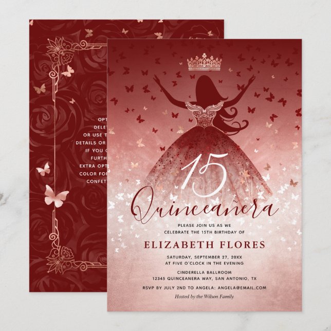 Invitation Robe élégante Bourgogne Rose or rose Quinceanera (Devant / Derrière)